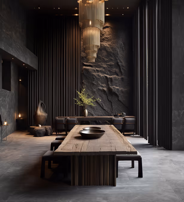 Modern dining room with a long wooden table, black chairs, textured dark walls, and a large tiered chandelier.